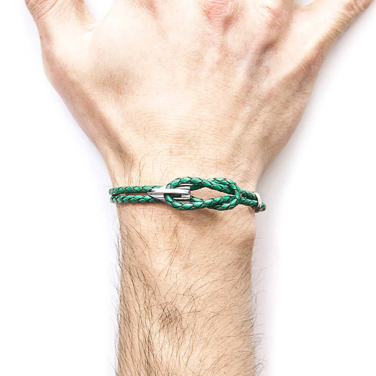 Padstow Silver and Braided Leather Bracelet - Fern Green