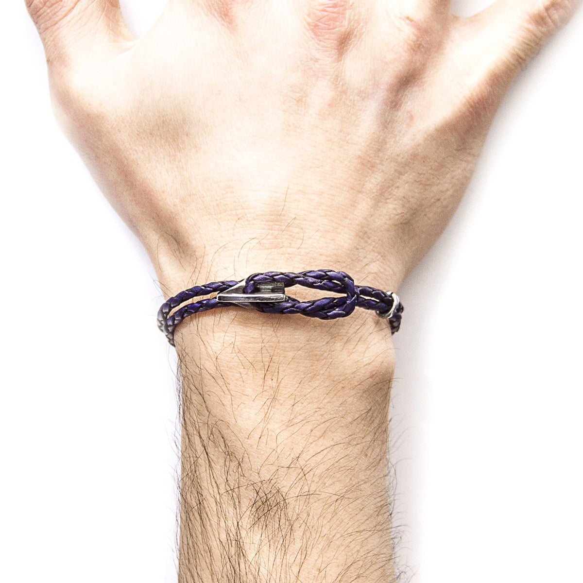 Padstow Silver and Braided Leather Bracelet - Grape Purple