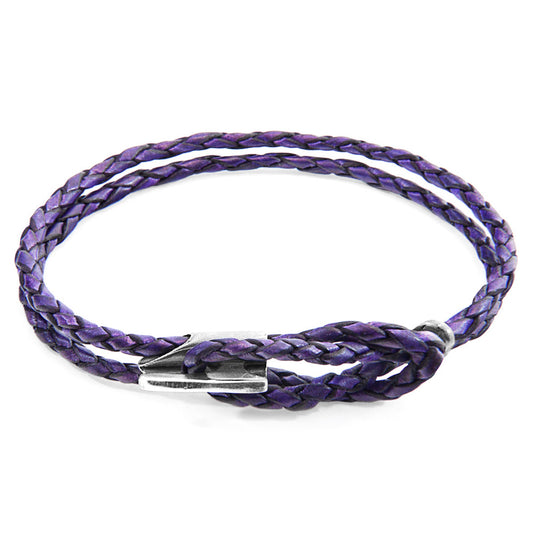 Padstow Silver and Braided Leather Bracelet - Grape Purple